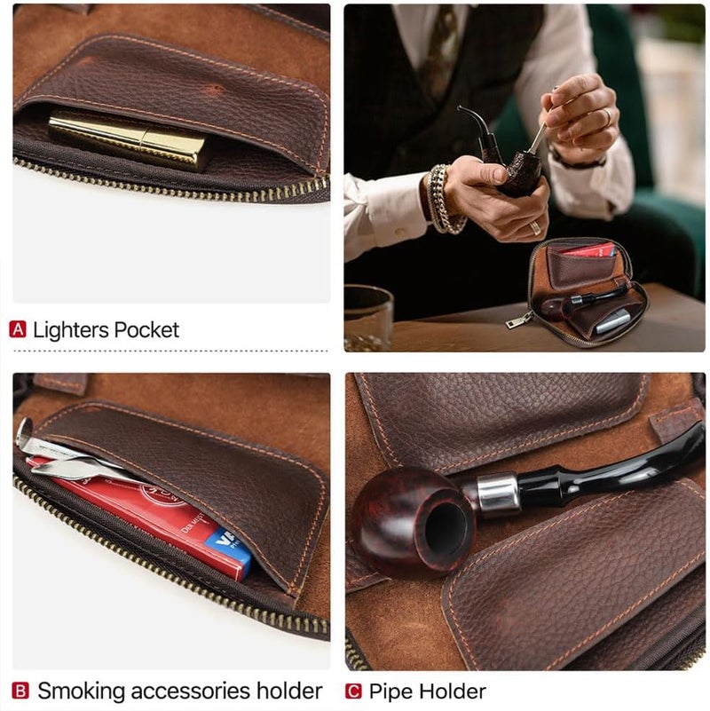 CONTACTS Small Pipe Tobacco Pouch Leather Smoking Pipe Storage Organizer Portable Accessories Lighter Holder Zipper Tobacco Pipes Travel Box - Image 2